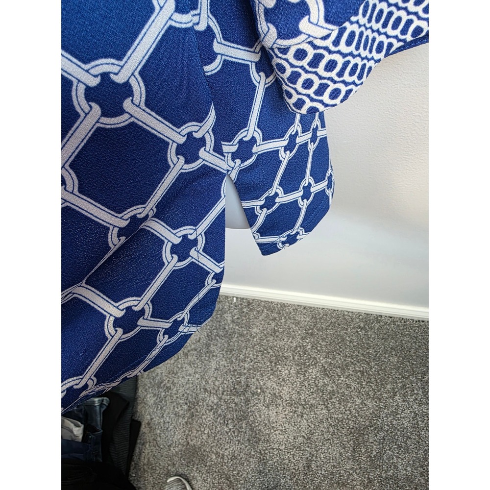 Peck & Peck Women's Size 10 Blue White Geometric Beaded Neckline Tunic Top /B10 - Picture 6 of 9